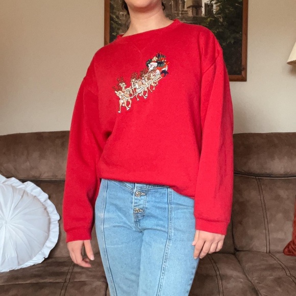 Red Christmas Sweatshirt with Santa and Reindeer